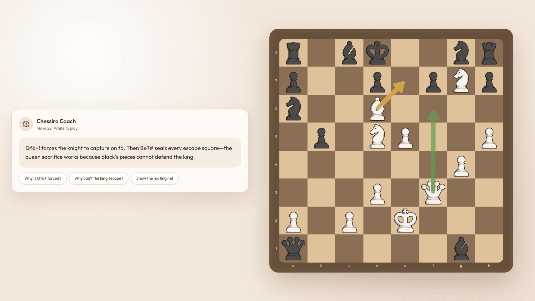 Chessiro AI chess coach explaining a move with interactive highlighted moves in the text, coloured arrows on the board, and suggested follow-up questions