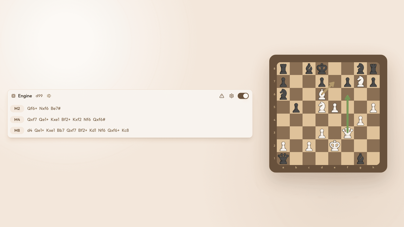 Stockfish 19 engine lines panel with adjustable depth and multiple candidate lines, each showing its evaluation