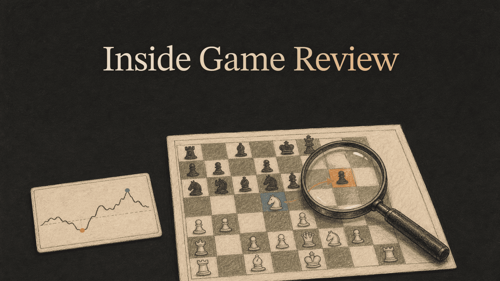 Hand-drawn Chessiro game review cover with a chessboard, highlighted move, magnifying glass and evaluation graph